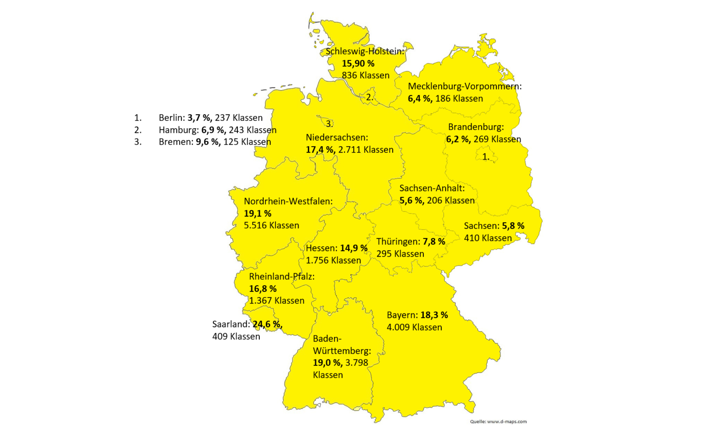 Eine gelbe Deutschlandkarte zeigt die Beteiligung der Grundschulklassen der Bundesländer im Schuljahr 2023/ 24.