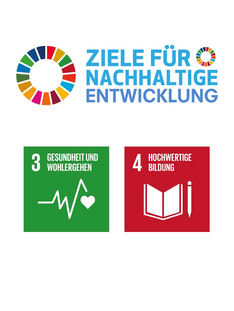 Logo Ziele für Nachhaltige Entwicklung der WHO: 3 Gesundheit & Wohlergehen, 4 Hochwertige Bildung  