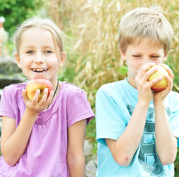 Ein Junge und ein Mädchen im Grundschulalter sitzen in einem Garten nebeneinander und essen genüsslich Äpfel.